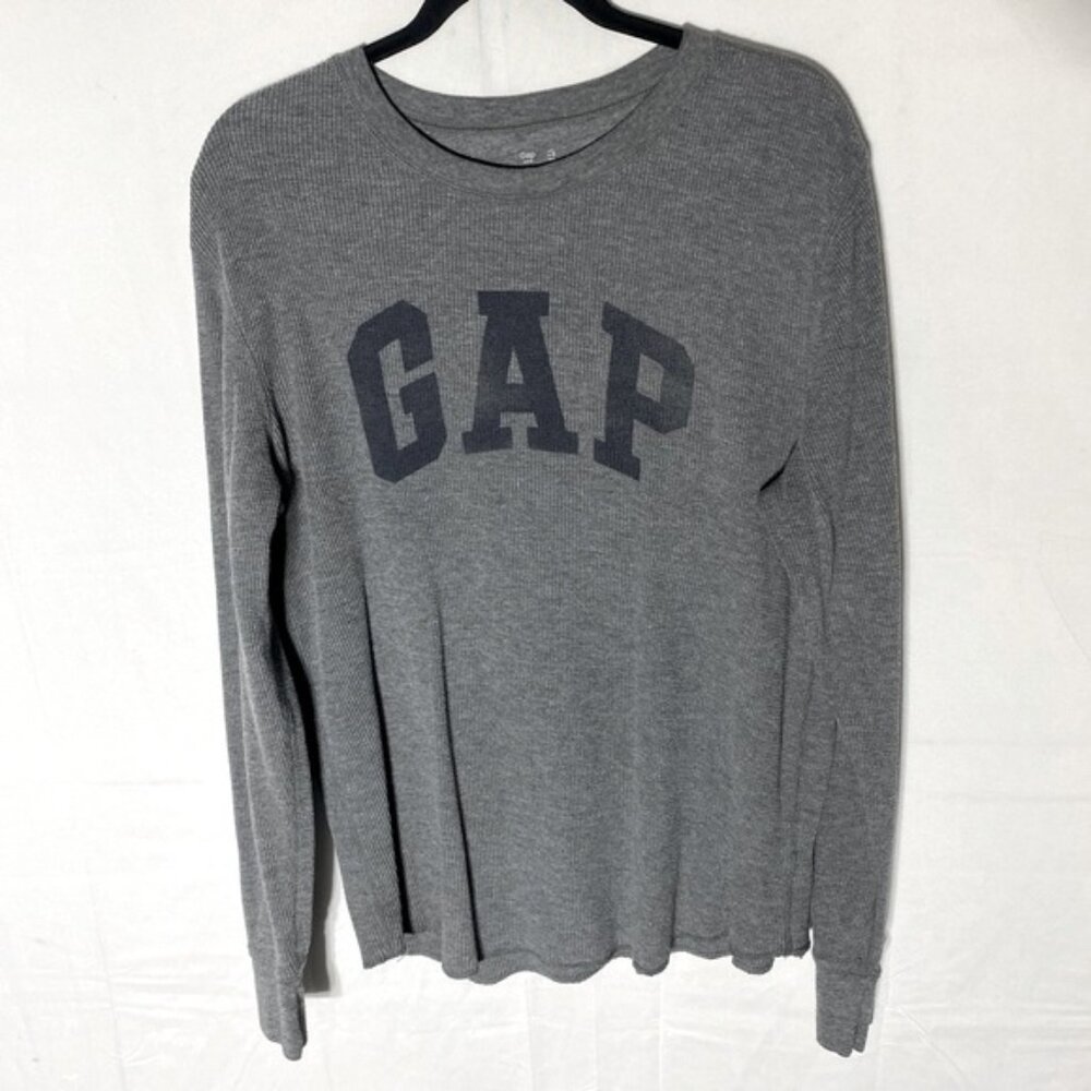 SOLD-Vintage GAP Grey Long Sleeve Crewneck Waffle Shirt W Navy Blue Logo L